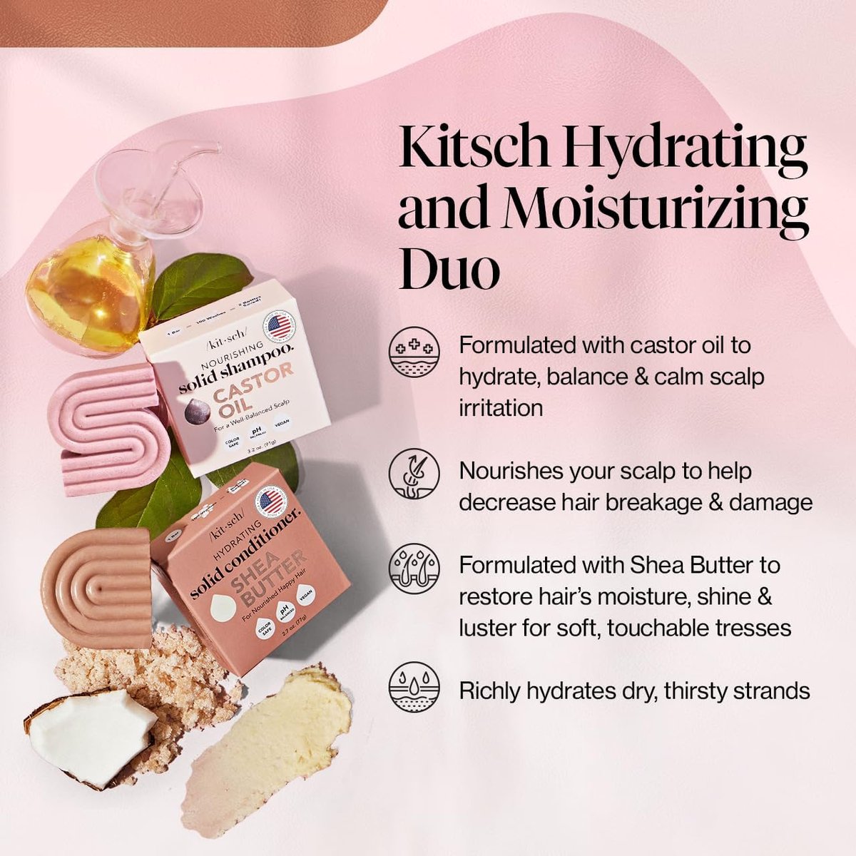 Kitsch Castor Oil Shampoo & Shea Butter Conditioner Bar Set – Hydrating & Moisturizing Shampoo and Conditioner Bars, Sulfate-Free, Paraben-Free, Silicone-Free, Made in USA – 2 Piece Set Avelisse