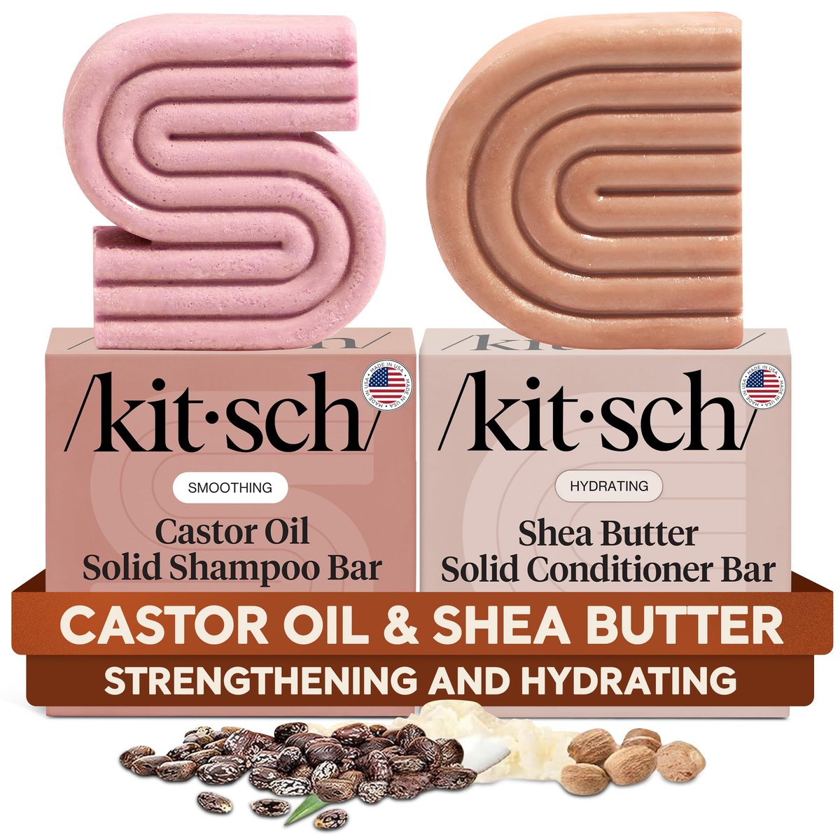 Kitsch Castor Oil Shampoo & Shea Butter Conditioner Bar Set – Hydrating & Moisturizing Shampoo and Conditioner Bars, Sulfate-Free, Paraben-Free, Silicone-Free, Made in USA – 2 Piece Set Avelisse