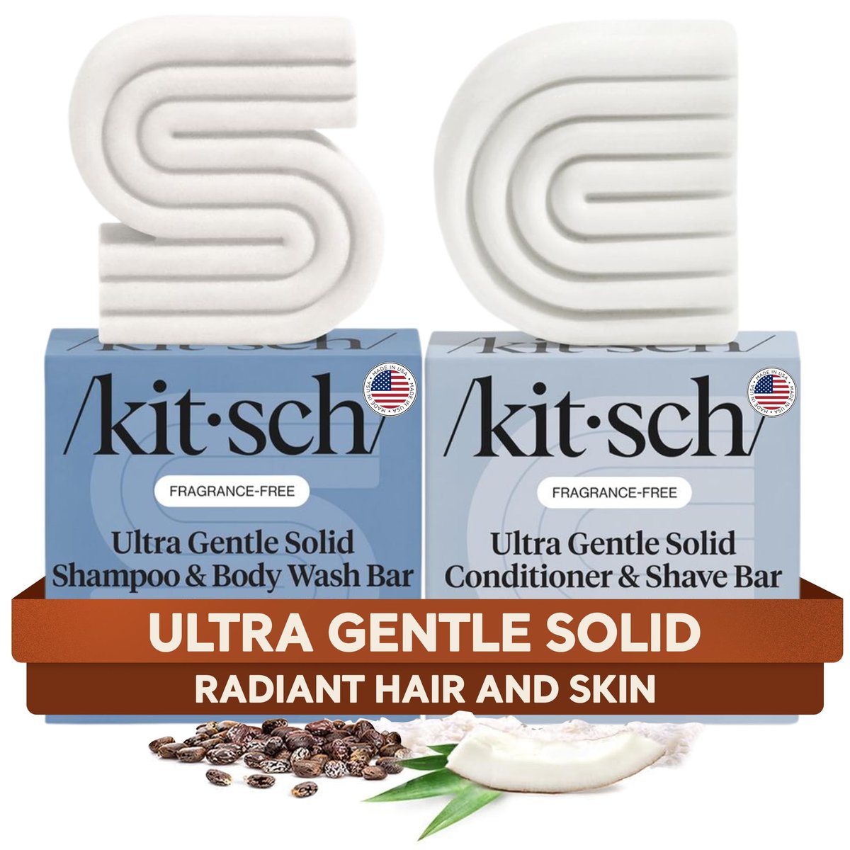 Kitsch 2-in-1 Ultra Sensitive Shampoo Bar & Body Wash + Conditioner Bar & Shaving Soap – Fragrance-Free Bar Soap for Sensitive Skin & Scalp – For Healthy, Radiant Hair and Skin – 2pcs Avelisse