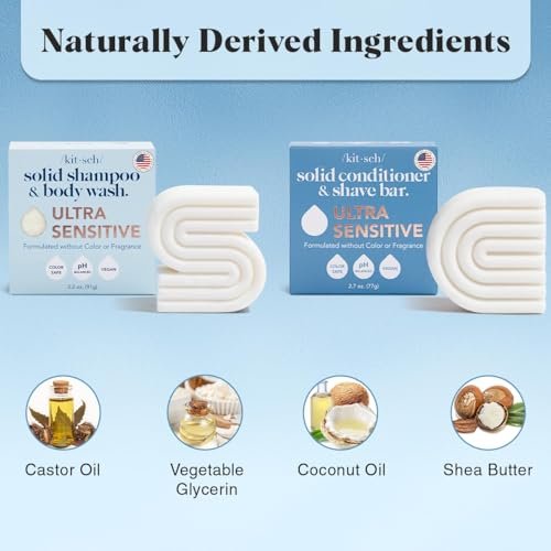 Kitsch 2-in-1 Ultra Sensitive Shampoo Bar & Body Wash + Conditioner Bar & Shaving Soap – Fragrance-Free Bar Soap for Sensitive Skin & Scalp – For Healthy, Radiant Hair and Skin – 2pcs Avelisse