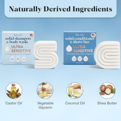 Kitsch 2-in-1 Ultra Sensitive Shampoo Bar & Body Wash + Conditioner Bar & Shaving Soap – Fragrance-Free Bar Soap for Sensitive Skin & Scalp – For Healthy, Radiant Hair and Skin – 2pcs Avelisse