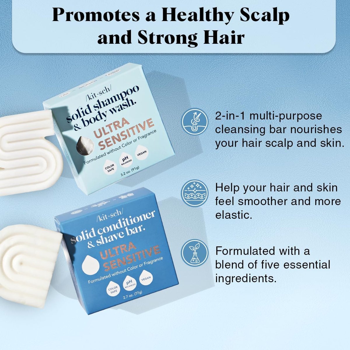 Kitsch 2-in-1 Ultra Sensitive Shampoo Bar & Body Wash + Conditioner Bar & Shaving Soap – Fragrance-Free Bar Soap for Sensitive Skin & Scalp – For Healthy, Radiant Hair and Skin – 2pcs Avelisse