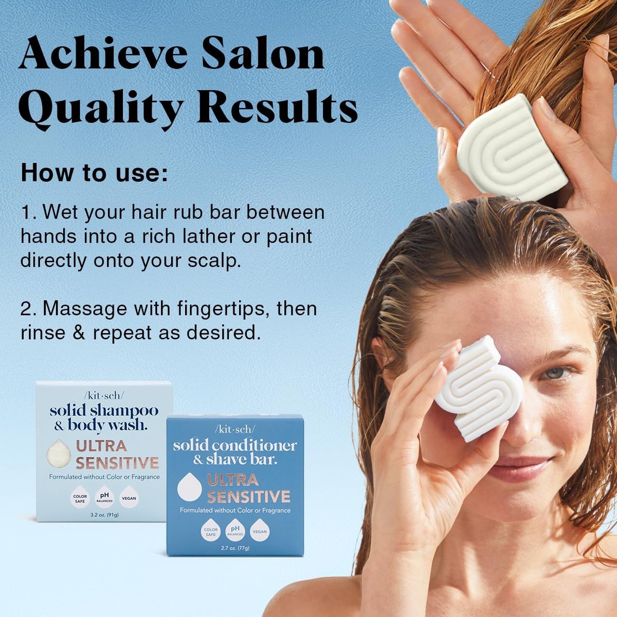 Kitsch 2-in-1 Ultra Sensitive Shampoo Bar & Body Wash + Conditioner Bar & Shaving Soap – Fragrance-Free Bar Soap for Sensitive Skin & Scalp – For Healthy, Radiant Hair and Skin – 2pcs Avelisse