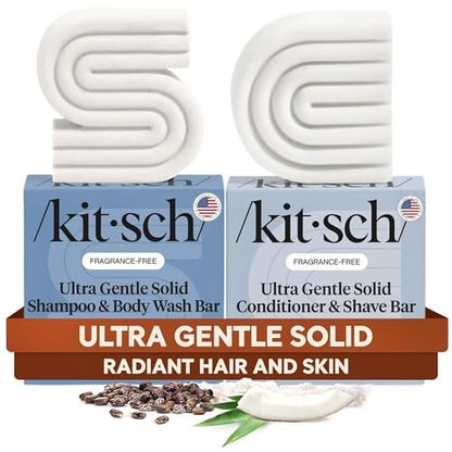Kitsch 2-in-1 Ultra Sensitive Shampoo Bar & Body Wash + Conditioner Bar & Shaving Soap – Fragrance-Free Bar Soap for Sensitive Skin & Scalp – For Healthy, Radiant Hair and Skin – 2pcs Avelisse