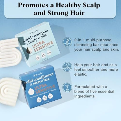 Kitsch 2-in-1 Ultra Sensitive Shampoo Bar & Body Wash + Conditioner Bar & Shaving Soap – Fragrance-Free Bar Soap for Sensitive Skin & Scalp – For Healthy, Radiant Hair and Skin – 2pcs Avelisse