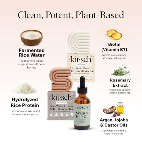 Kitsch Rice Water Shampoo and Conditioner Set + Pre-Wash Scalp Serum with Rosemary and Biotin – Nourishing Hair Care for Growth & Scalp Health – 3pc Set Avelisse