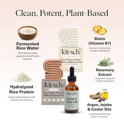 Kitsch Rice Water Shampoo and Conditioner Set + Pre-Wash Scalp Serum with Rosemary and Biotin – Nourishing Hair Care for Growth & Scalp Health – 3pc Set Avelisse