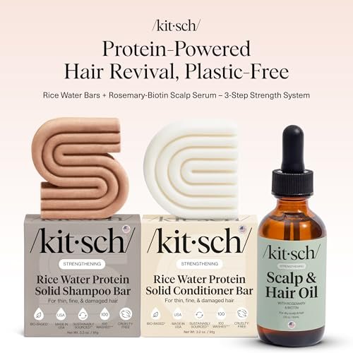 Kitsch Rice Water Shampoo and Conditioner Set + Pre-Wash Scalp Serum with Rosemary and Biotin – Nourishing Hair Care for Growth & Scalp Health – 3pc Set Avelisse