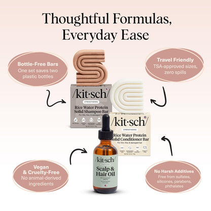 Kitsch Rice Water Shampoo and Conditioner Set + Pre-Wash Scalp Serum with Rosemary and Biotin – Nourishing Hair Care for Growth & Scalp Health – 3pc Set Avelisse