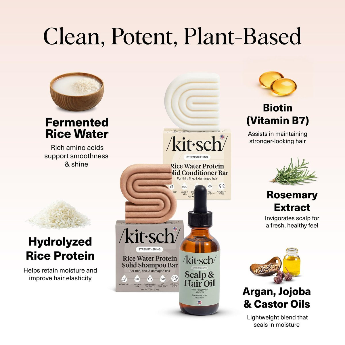 Kitsch Rice Water Shampoo and Conditioner Set + Pre-Wash Scalp Serum with Rosemary and Biotin – Nourishing Hair Care for Growth & Scalp Health – 3pc Set Avelisse