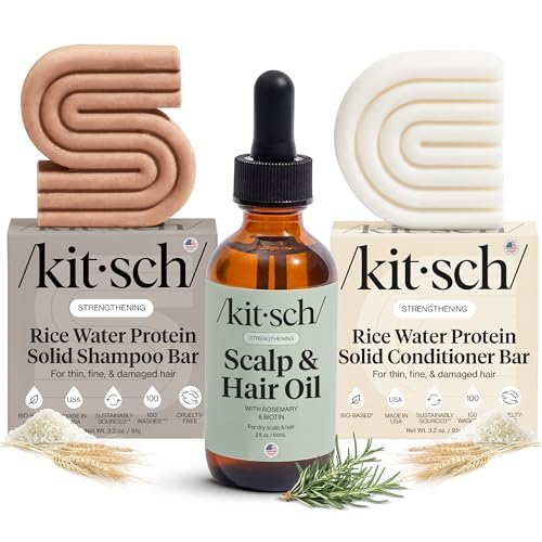 Kitsch Rice Water Shampoo and Conditioner Set + Pre-Wash Scalp Serum with Rosemary and Biotin – Nourishing Hair Care for Growth & Scalp Health – 3pc Set Avelisse
