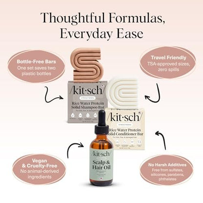 Kitsch Rice Water Shampoo and Conditioner Set + Pre-Wash Scalp Serum with Rosemary and Biotin – Nourishing Hair Care for Growth & Scalp Health – 3pc Set Avelisse