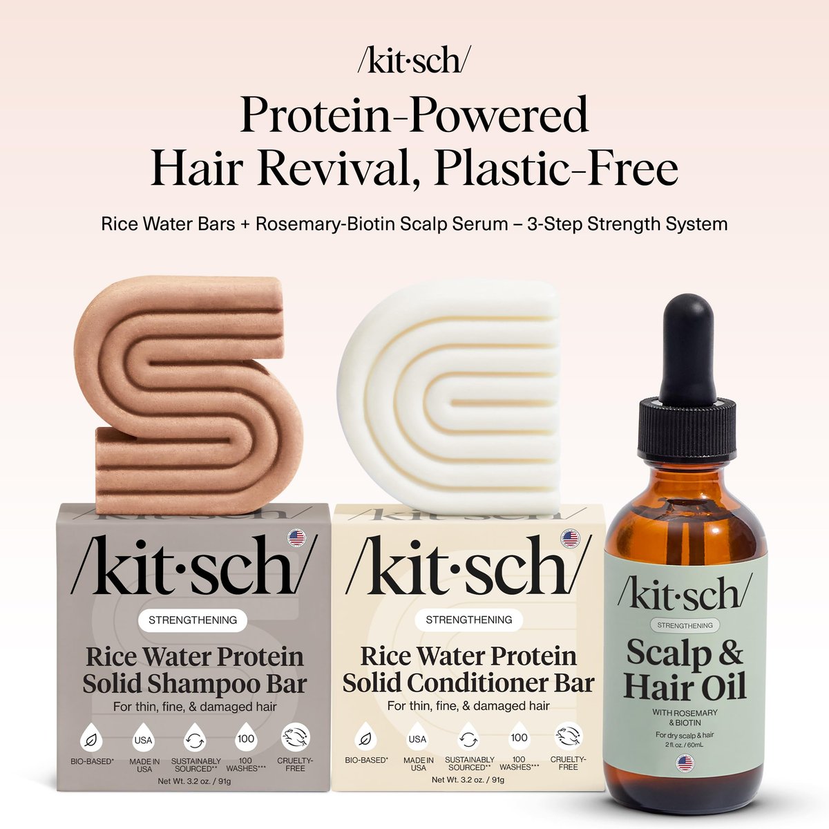 Kitsch Rice Water Shampoo and Conditioner Set + Pre-Wash Scalp Serum with Rosemary and Biotin – Nourishing Hair Care for Growth & Scalp Health – 3pc Set Avelisse