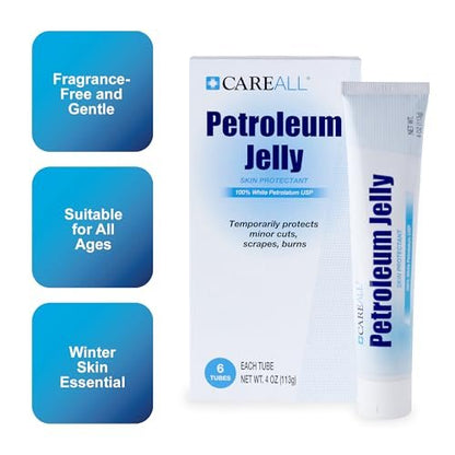 CareALL Petroleum Jelly 4 Oz. Tube (6 Pack) - Unscented, 100% Pure White Petrolatum USP - Moisturizer for Dry Skin & Lip Care