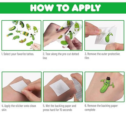 96 PCS Funny Pickle Pre-cut Temporary Tattoos - Cute Fruit Vegetable Stickers for Kids, Birthday Party Favors, School Rewards
