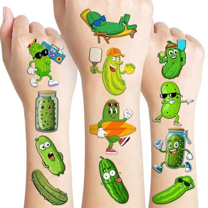 96 PCS Funny Pickle Pre-cut Temporary Tattoos - Cute Fruit Vegetable Stickers for Kids, Birthday Party Favors, School Rewards