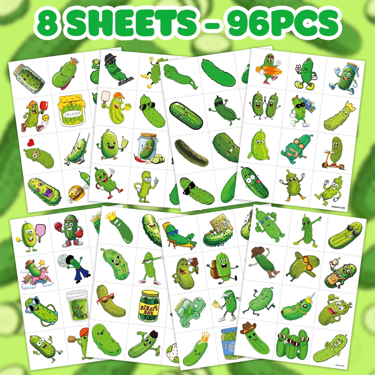 96 PCS Funny Pickle Pre-cut Temporary Tattoos - Cute Fruit Vegetable Stickers for Kids, Birthday Party Favors, School Rewards - görsel 5