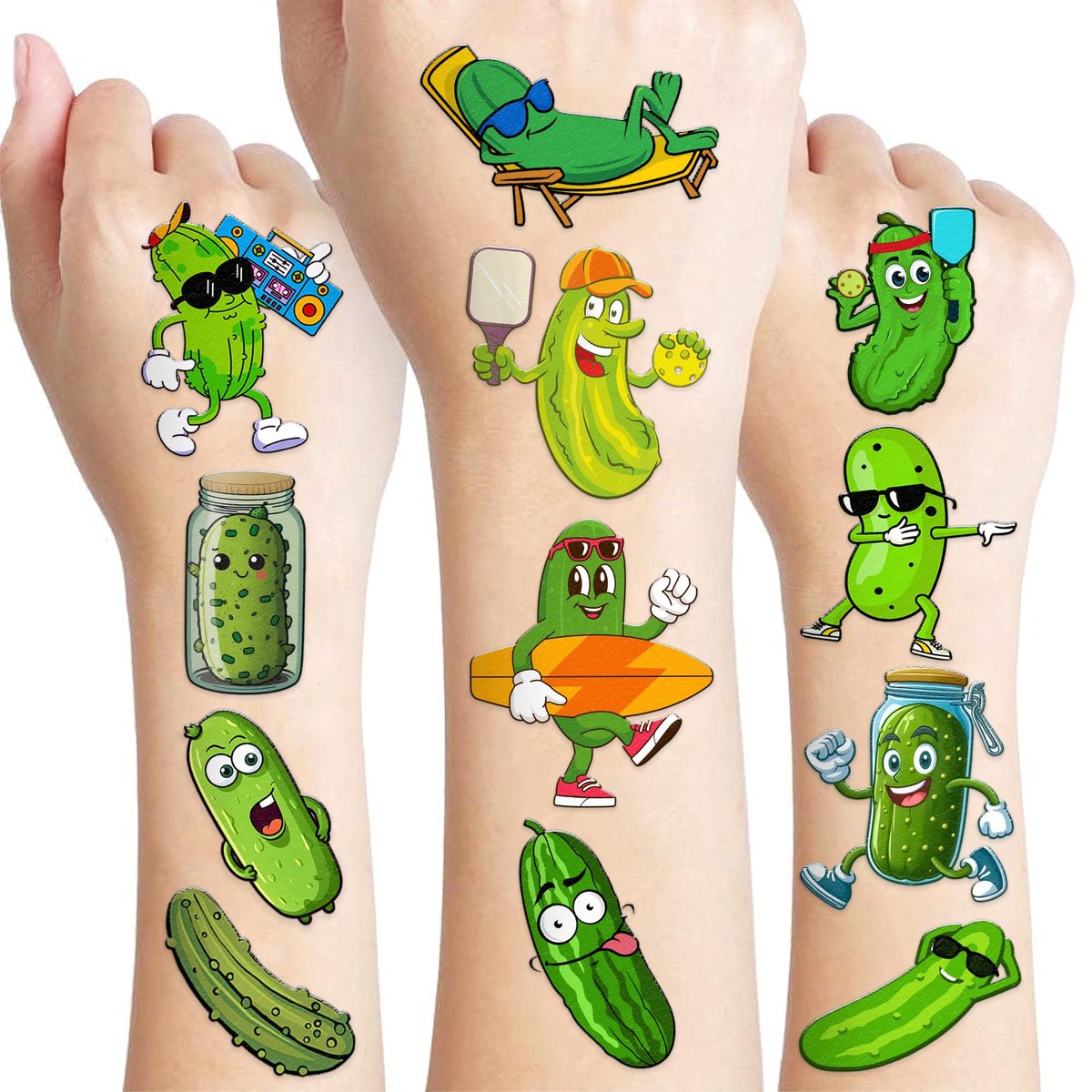 96 PCS Funny Pickle Pre-cut Temporary Tattoos - Cute Fruit Vegetable Stickers for Kids, Birthday Party Favors, School Rewards - görsel 1