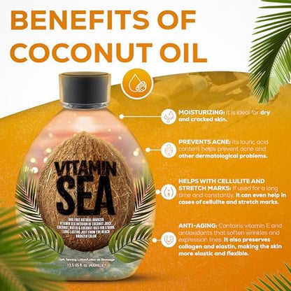 Vitamin Sea Natural Bronzer Tanning Lotion with Coconut Oil - DHA-Free, Streak-Free Bronzing Accelerator for Sensitive Skin (13.5 oz) - Safe for Indoor Tanning Beds Avelisse