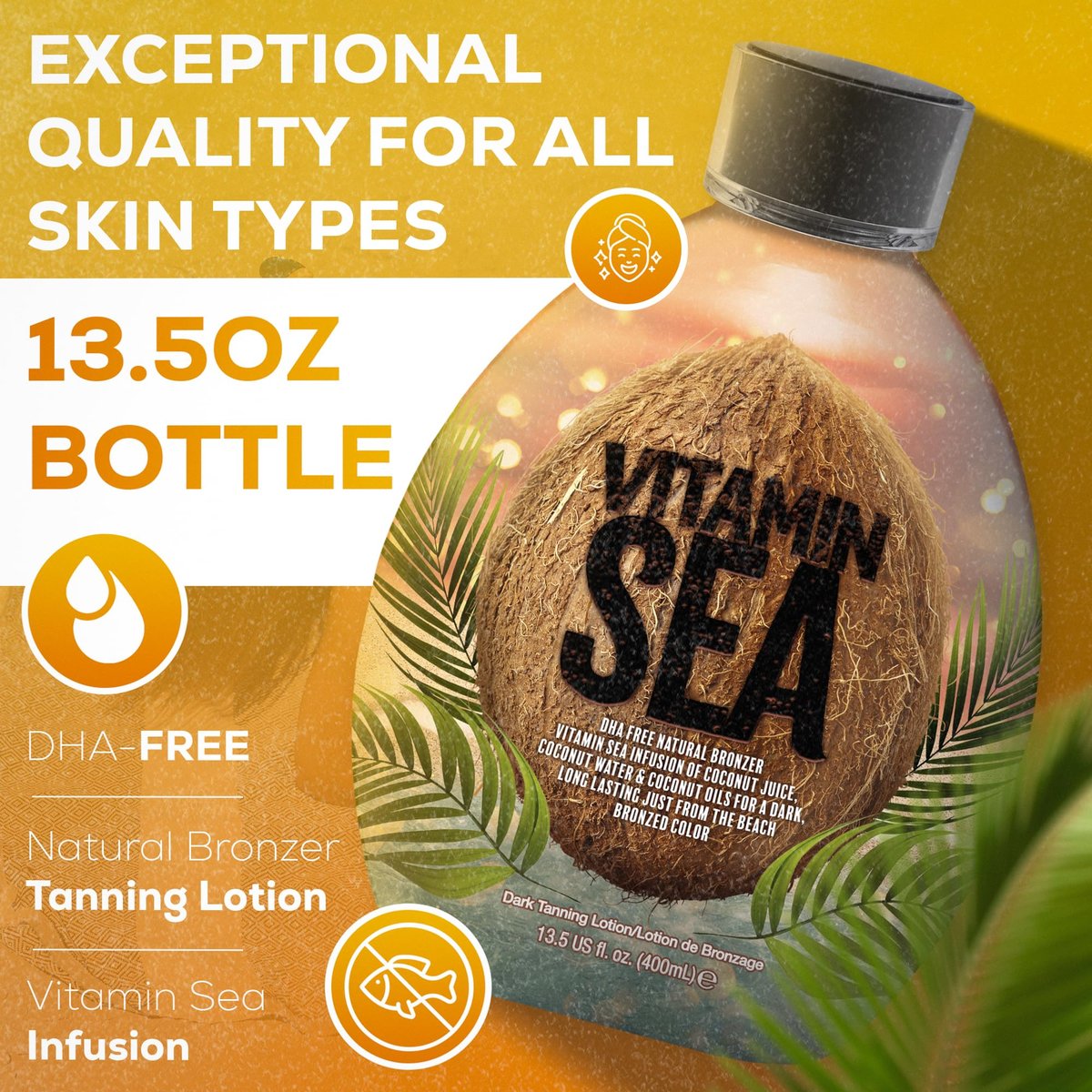 Vitamin Sea Natural Bronzer Tanning Lotion with Coconut Oil - DHA-Free, Streak-Free Bronzing Accelerator for Sensitive Skin (13.5 oz) - Safe for Indoor Tanning Beds Avelisse