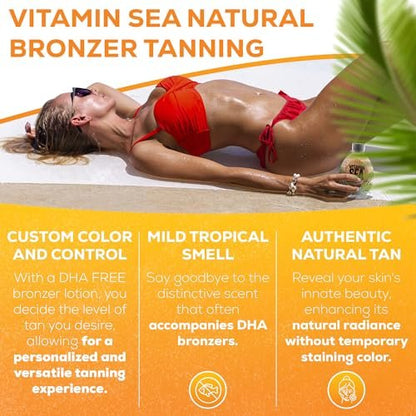 Vitamin Sea Natural Bronzer Tanning Lotion with Coconut Oil - DHA-Free, Streak-Free Bronzing Accelerator for Sensitive Skin (13.5 oz) - Safe for Indoor Tanning Beds Avelisse