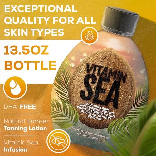 Vitamin Sea Natural Bronzer Tanning Lotion with Coconut Oil - DHA-Free, Streak-Free Bronzing Accelerator for Sensitive Skin (13.5 oz) - Safe for Indoor Tanning Beds Avelisse
