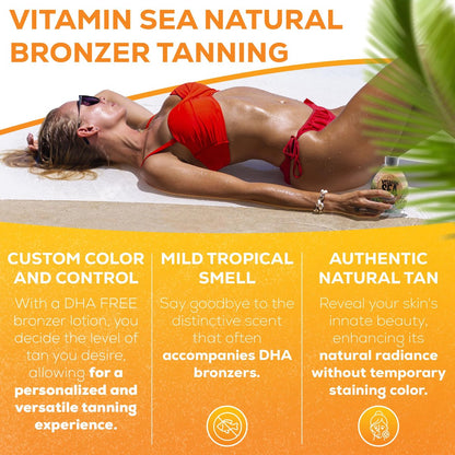 Vitamin Sea Natural Bronzer Tanning Lotion with Coconut Oil - DHA-Free, Streak-Free Bronzing Accelerator for Sensitive Skin (13.5 oz) - Safe for Indoor Tanning Beds Avelisse