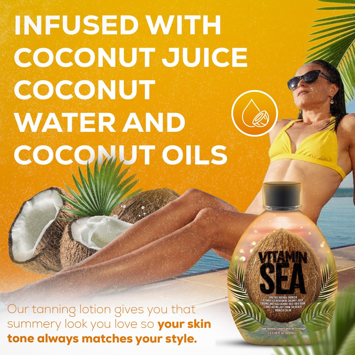 Vitamin Sea Natural Bronzer Tanning Lotion with Coconut Oil - DHA-Free, Streak-Free Bronzing Accelerator for Sensitive Skin (13.5 oz) - Safe for Indoor Tanning Beds Avelisse