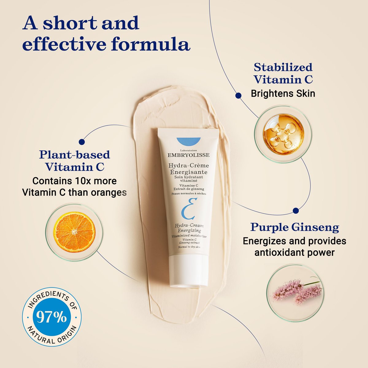 Embryolisse Vitamin C Energizing Face Moisturizer - Radiance-Boosting Anti-Aging Daily Cream for Hydration & Glow, 1.35 Fl Oz Avelisse