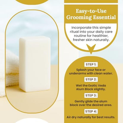 Exotic Veda 100% Pure Alum Block – Natural Deodorant & Aftershave Stone, Soothes Razor Burn, Stops Bleeding, Unscented & Alcohol-Free (3.53 oz)