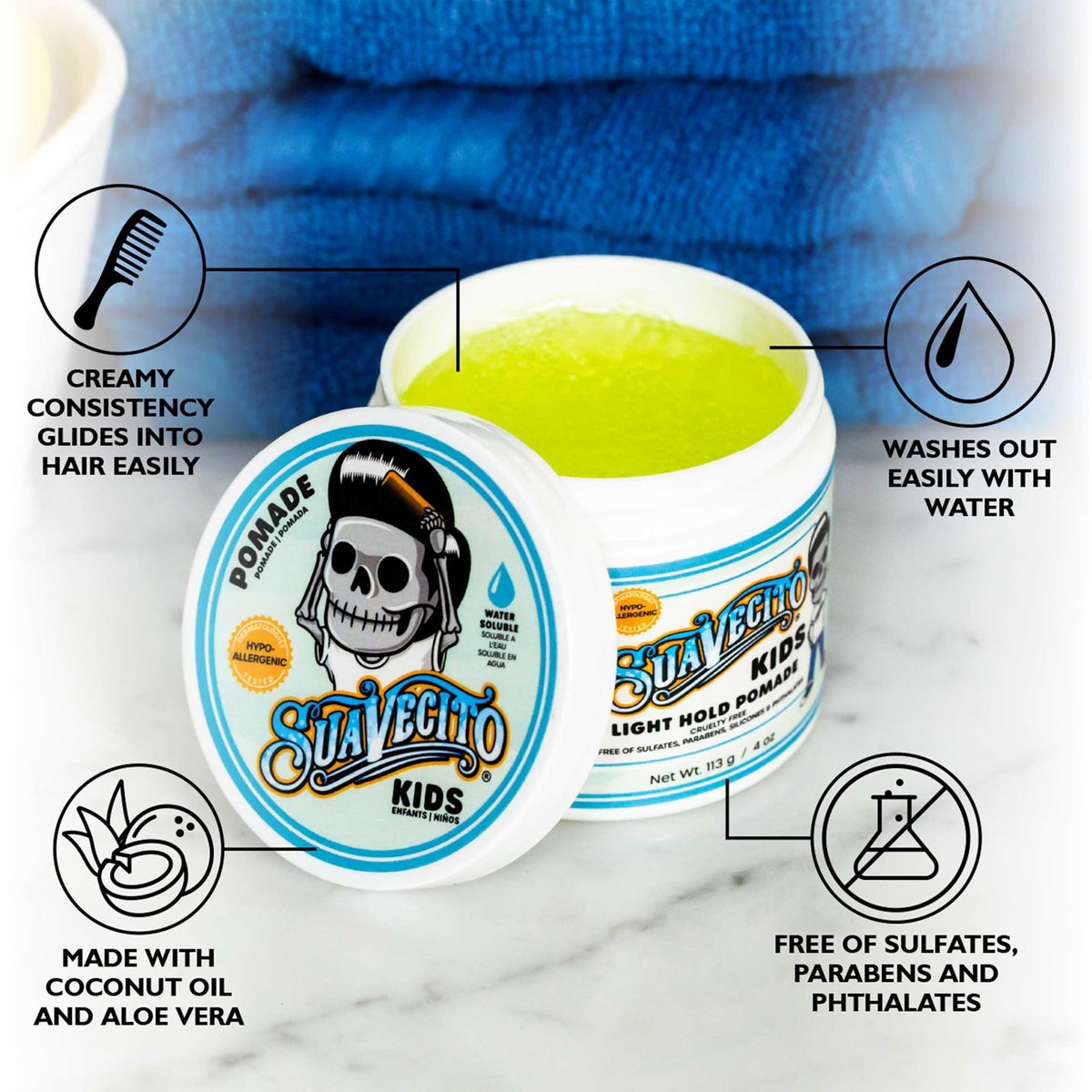 Suavecito Kid's Pomade - Calming Chamomile Scent, Light Hold, 4 oz - Water-Based, Flake Free, Dermatologist-Tested Avelisse