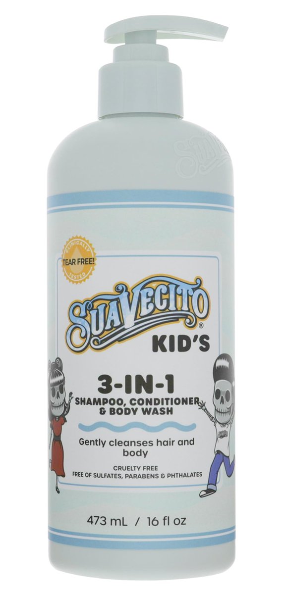 Suavecito Kid's 3-in-1 Shampoo, Conditioner, & Body Wash - Milk & Honey Scent, 16 oz Pump Bottle - Clinically Tested, Cruelty Free, Sulfate-Free, Paraben-Free, Phthalate-Free, No Tears Formula Avelisse