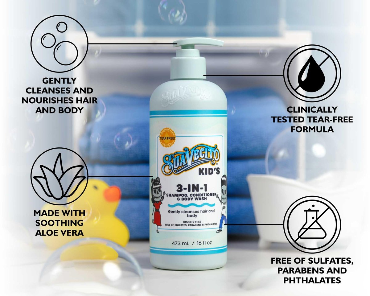 Suavecito Kid's 3-in-1 Shampoo, Conditioner, & Body Wash - Milk & Honey Scent, 16 oz Pump Bottle - Clinically Tested, Cruelty Free, Sulfate-Free, Paraben-Free, Phthalate-Free, No Tears Formula Avelisse