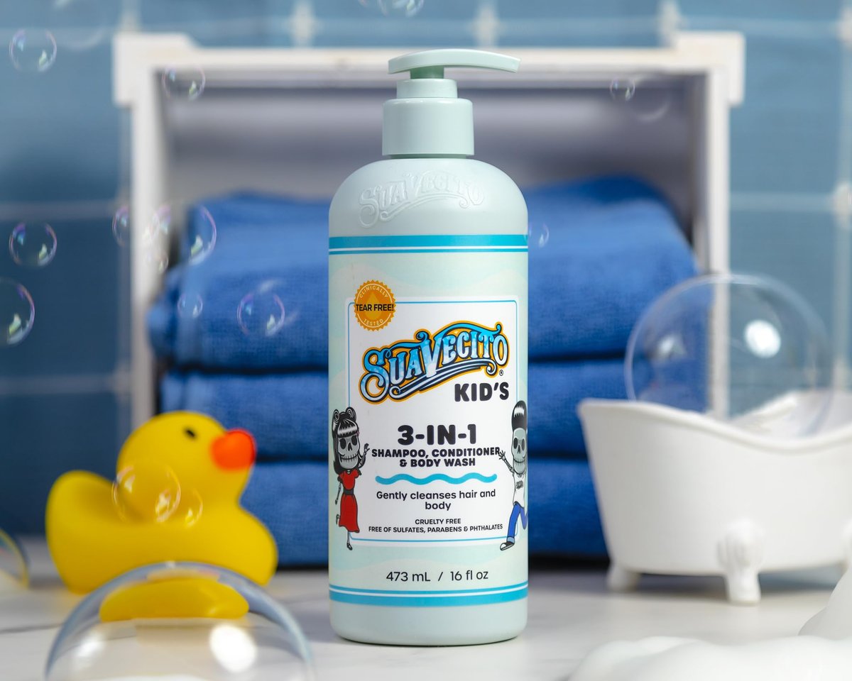 Suavecito Kid's 3-in-1 Shampoo, Conditioner, & Body Wash - Milk & Honey Scent, 16 oz Pump Bottle - Clinically Tested, Cruelty Free, Sulfate-Free, Paraben-Free, Phthalate-Free, No Tears Formula Avelisse