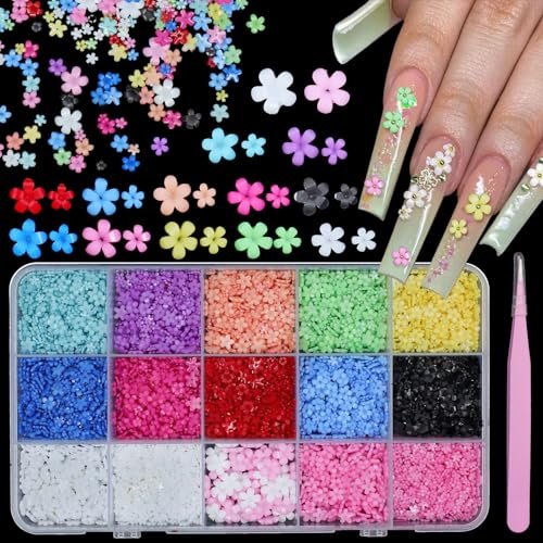 Uotey 3D Color Tiny Flowers Charms for Nails - Acrylic Spring Blossom Nail Art with Metal Golden Caviar Beads for DIY Manicure - görsel 2