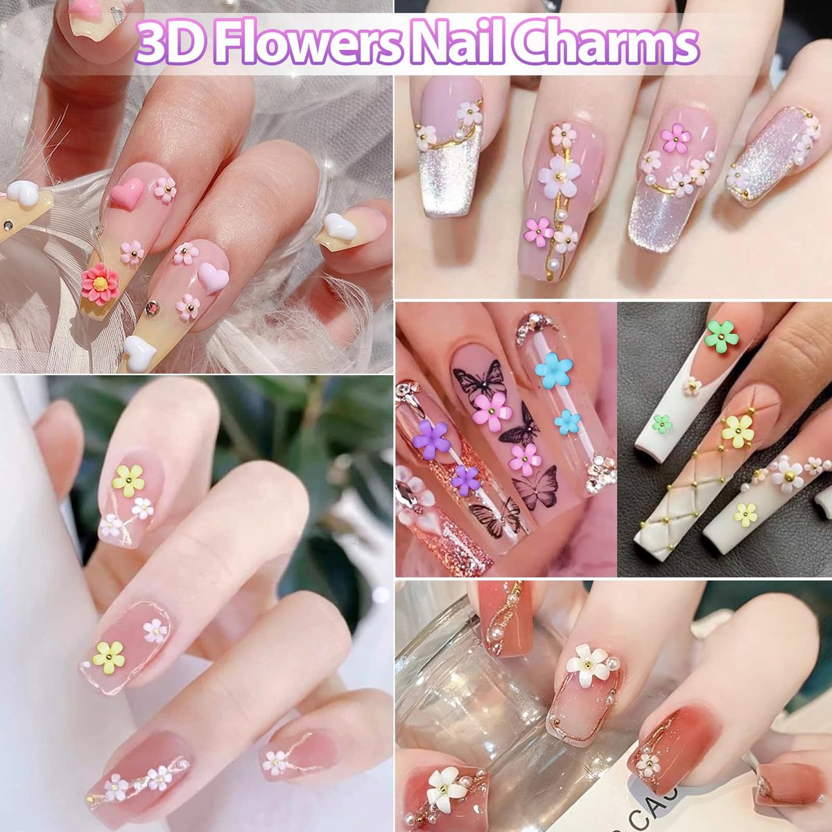 Uotey 3D Color Tiny Flowers Charms for Nails - Acrylic Spring Blossom Nail Art with Metal Golden Caviar Beads for DIY Manicure - görsel 11