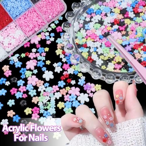 Uotey 3D Color Tiny Flowers Charms for Nails - Acrylic Spring Blossom Nail Art with Metal Golden Caviar Beads for DIY Manicure - görsel 8