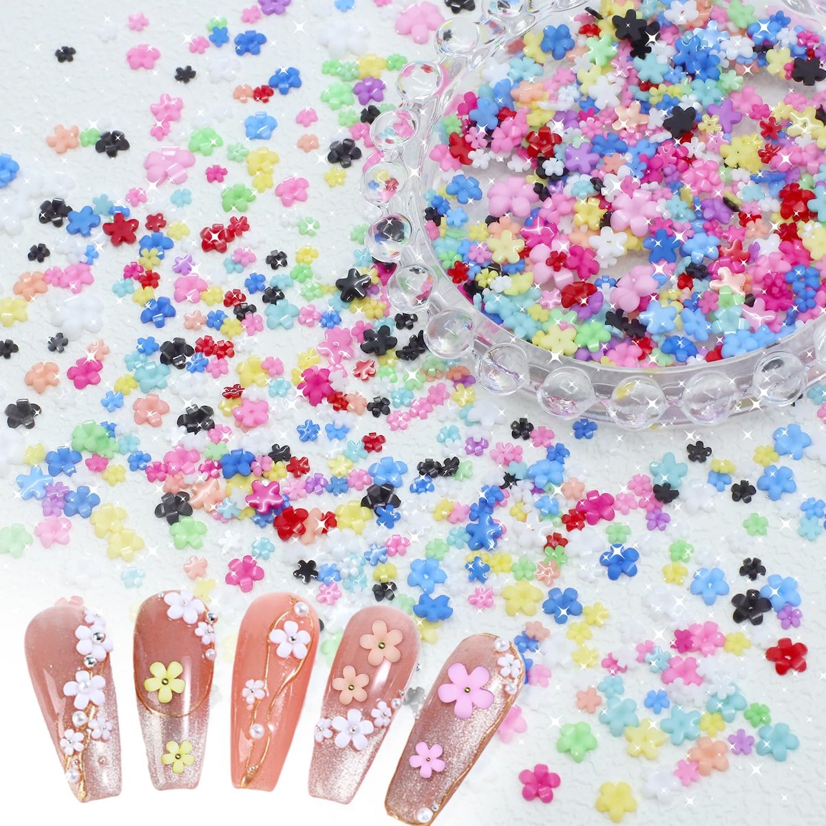 Uotey 3D Color Tiny Flowers Charms for Nails - Acrylic Spring Blossom Nail Art with Metal Golden Caviar Beads for DIY Manicure - görsel 9