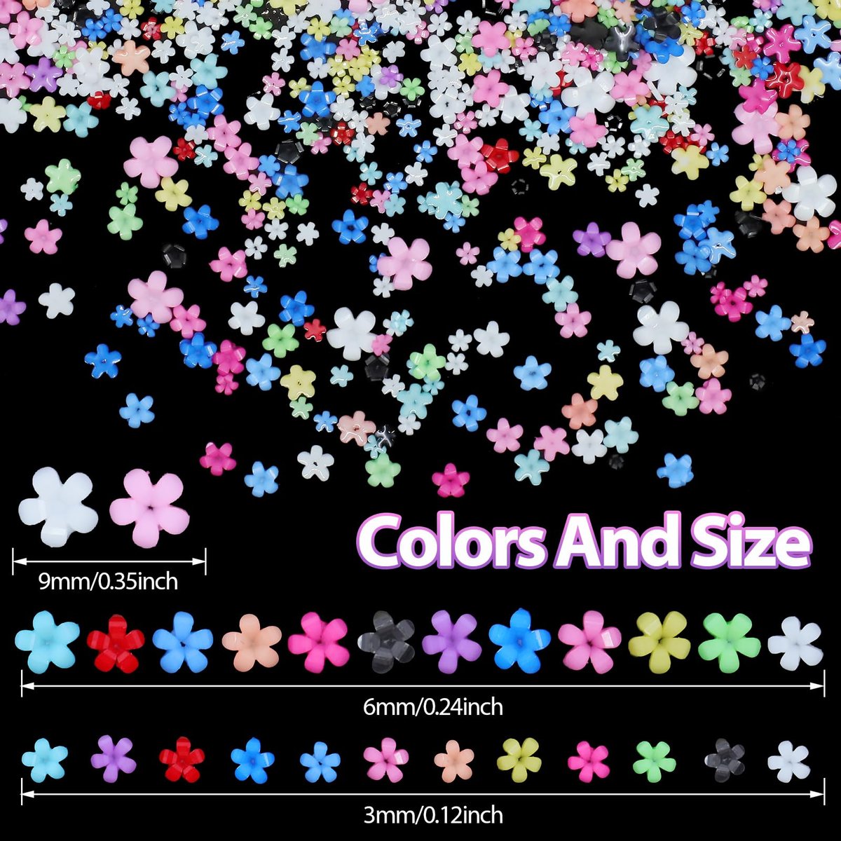 Uotey 3D Color Tiny Flowers Charms for Nails - Acrylic Spring Blossom Nail Art with Metal Golden Caviar Beads for DIY Manicure - görsel 3