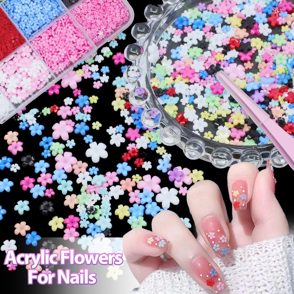 Uotey 3D Color Tiny Flowers Charms for Nails - Acrylic Spring Blossom Nail Art with Metal Golden Caviar Beads for DIY Manicure - görsel 7