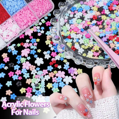 Uotey 3D Color Tiny Flowers Charms for Nails - Acrylic Spring Blossom Nail Art with Metal Golden Caviar Beads for DIY Manicure