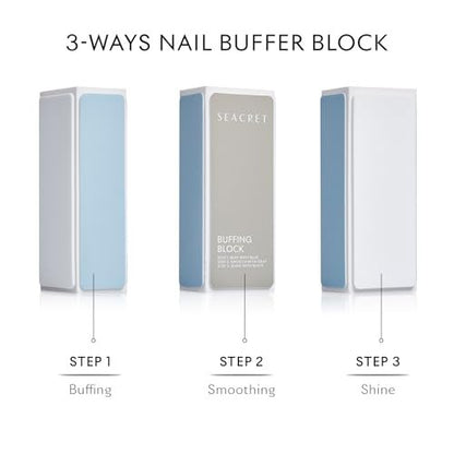 SEACRET Nail Buffer Block - 3-Way Salon Shine for Natural Nails, Smooths Ridges & Buffs to Glossy Finish Without Polish - Korean Made - Manicure & Pedicure, Pack of 2