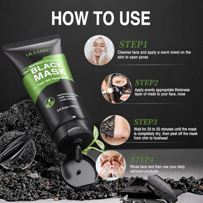ulluxe Blackhead Remover Mask Kit - Charcoal Peel Off Face Mask for Deep Cleansing Pores, Dirt, Acne, Excess Oil & Blackheads - All Skin Types (3.5 Fl Oz)