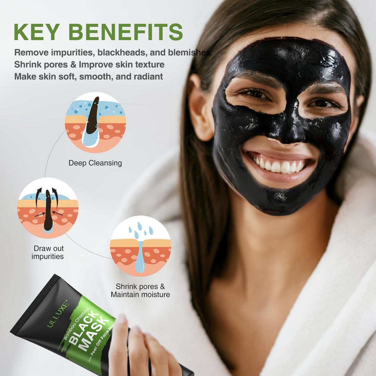 ulluxe Blackhead Remover Mask Kit - Charcoal Peel Off Face Mask for Deep Cleansing Pores, Dirt, Acne, Excess Oil & Blackheads - All Skin Types (3.5 Fl Oz) - görsel 11