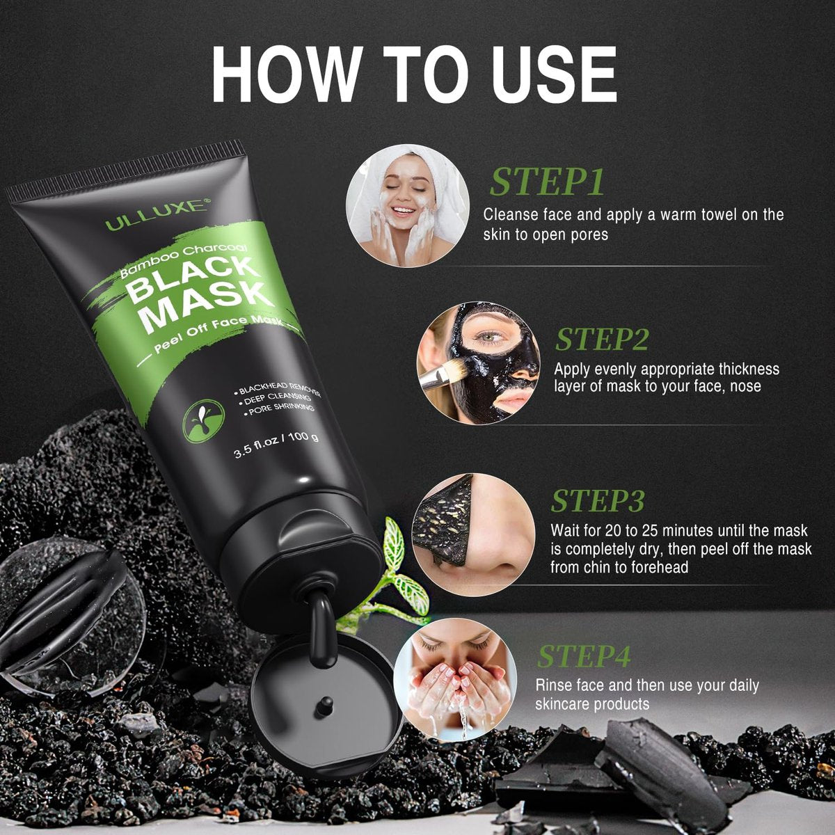 ulluxe Blackhead Remover Mask Kit - Charcoal Peel Off Face Mask for Deep Cleansing Pores, Dirt, Acne, Excess Oil & Blackheads - All Skin Types (3.5 Fl Oz) - görsel 15