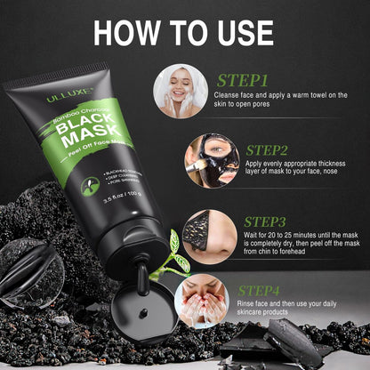 ulluxe Blackhead Remover Mask Kit - Charcoal Peel Off Face Mask for Deep Cleansing Pores, Dirt, Acne, Excess Oil & Blackheads - All Skin Types (3.5 Fl Oz)