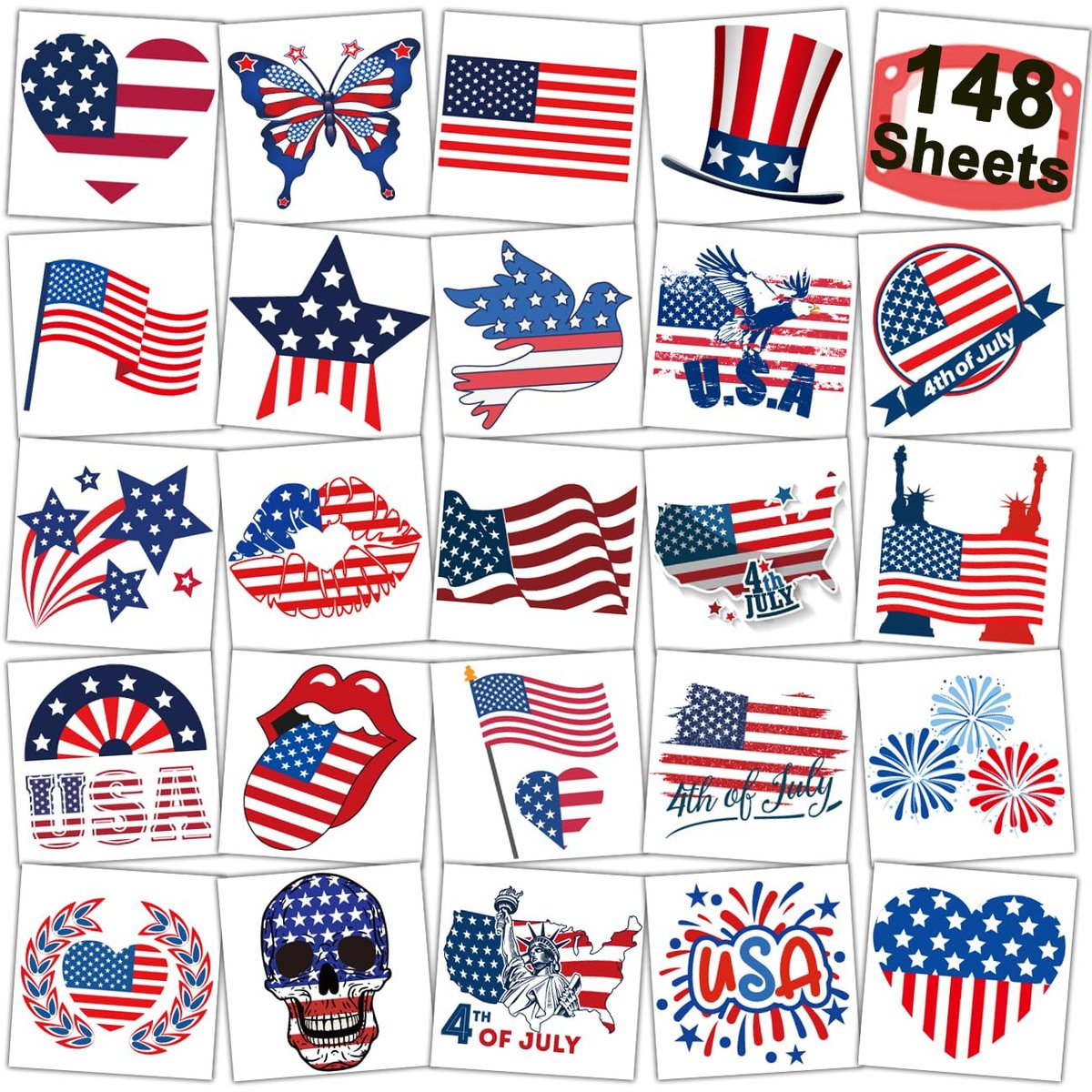 CHARLENT 4th of July Temporary Tattoos - 148 Individually Wrapped American Flag Tattoos for Kids, Women, Men - Independence Day Party Decorations and USA Party Favors - görsel 1