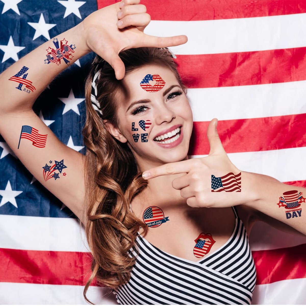 CHARLENT 4th of July Temporary Tattoos - 148 Individually Wrapped American Flag Tattoos for Kids, Women, Men - Independence Day Party Decorations and USA Party Favors - görsel 11