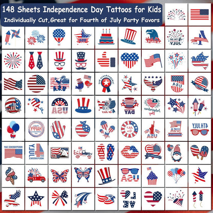 CHARLENT 4th of July Temporary Tattoos - 148 Individually Wrapped American Flag Tattoos for Kids, Women, Men - Independence Day Party Decorations and USA Party Favors