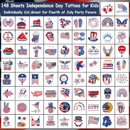 CHARLENT 4th of July Temporary Tattoos - 148 Individually Wrapped American Flag Tattoos for Kids, Women, Men - Independence Day Party Decorations and USA Party Favors - görsel 6